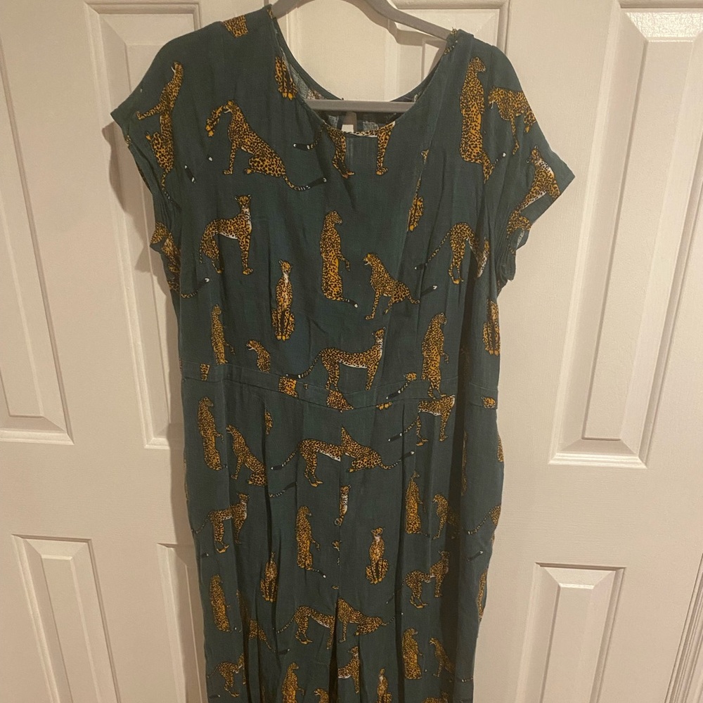 Mod Cloth green jumpsuit with cheetahs